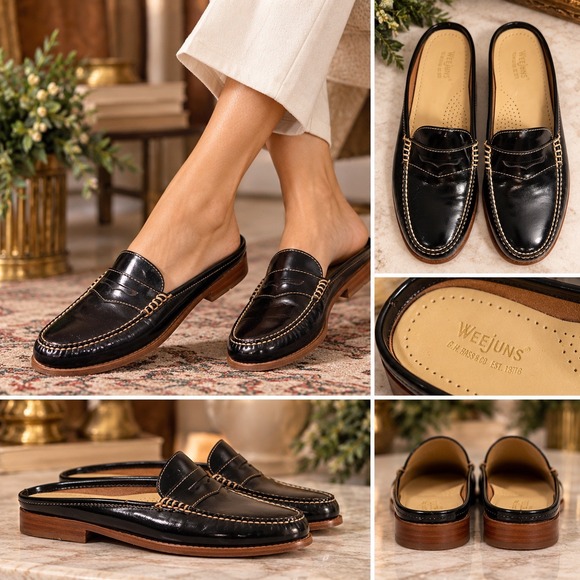G.H. Bass & Co. Shoes - GH Bass Weejuns Penny Loafer Mules Womens 10 Black Patent Leather Preppy Slip On